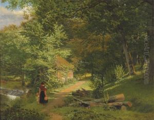Mother And Child Accompanied By A Dog On A Woodland Path by William Frederick Witherington