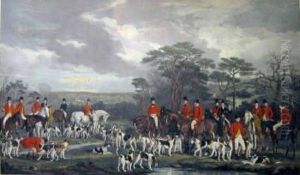 After Francis Grant R.a. , 'sir Richard Hutton And The Quorn Hounds', Handcoloured Engraving, 64cm X 99cm, Framed