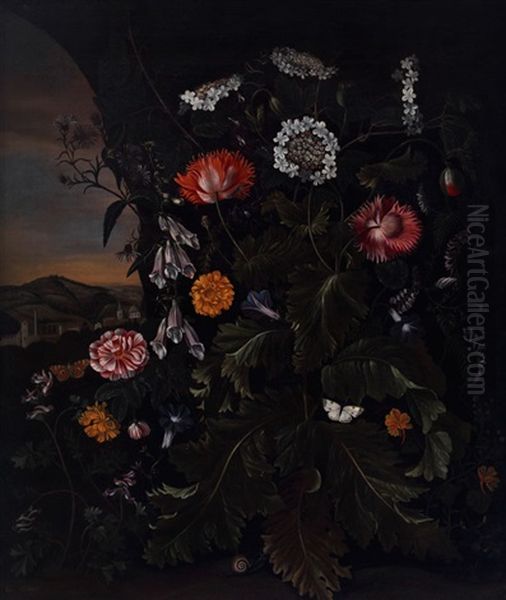 Krauter Mit Bluten, Insekten Und Schnecke Vor Tiefer Landschaft - view 1