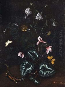 A Forest Floor With Aquilegia, Various Other Flowers, Butterflies And A Lizard by Alida Withoos