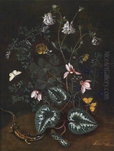 Akelei Mit Schmetterlingen Und Einem Salamander by Alida Withoos