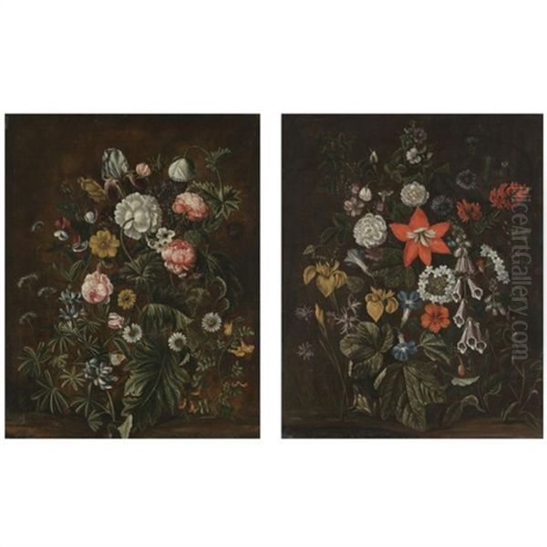 A Still Life With Irises, Morning Glory, Fox Gloves, A Red Lily And Other Flowers On A Forest Floor (+ A Still Life With Roses, Daisies, An Iris And Other Flowers On A Forest Floor; Pair) - view 1