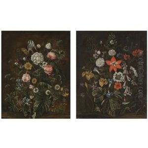 A Still Life With Irises, Morning Glory, Fox Gloves, A Red Lily And Other Flowers On A Forest Floor (+ A Still Life With Roses, Daisies, An Iris And Other Flowers On A Forest Floor; Pair) by Alida Withoos