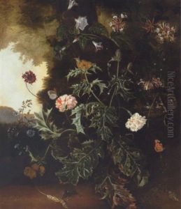 Still Life With Prickly Poppy, Carnations, Honeysuckle And Various Other Flowers With A Lizard On A Bird Nest, A Mouse, Butterflies And A Caterpillar by Alida Withoos