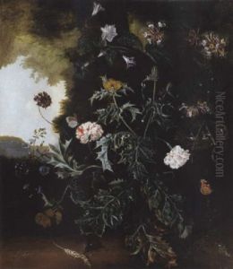 A Forest Floor Still Life With A Prickly Poppy, Carnations, Honeysuckle And Other Flowers With A Bird's Nest, Butterflies, A Caterpillar, A Lizard And A Mouse by Alida Withoos