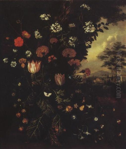 Honeysuckle, Tulips, Poppies, Narcissi, Wild Undergrowth, And Butterflies In An Italianate Landscape With A Villa Beyond - view 1