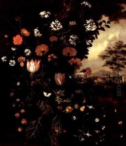 Honeysuckle, Tulips, Poppies, Narcissi, Wild Undergrowth And Butterflies In An Italianate Landscape With A Villa Beyond Honeysuckle, Tulips, Poppies, Narcissi, Wild Undergrowth And Butterflies In An Italianate Landscape With A Villa Beyond