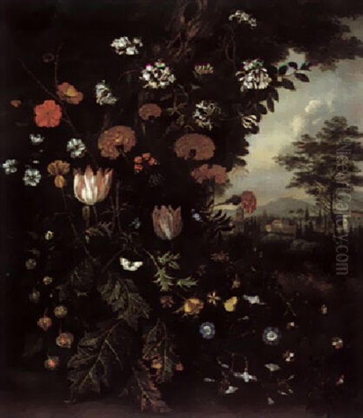 A Forest Floor Still Life With Tulips, Carnations, Roses, Honeysuckle, Thistle And Other Flowers, An Italianate Landscape Beyond - view 1