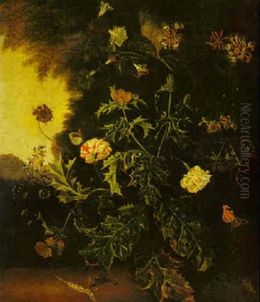 A Forest Floor Still Life With A Thistle, A Lizard Perched On A Bird's Nest, Various Flowers And A Mouse - view 1