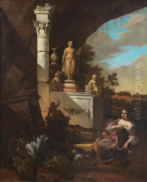 A Lady And Child Playing With A Dog Before Ruins - view 1