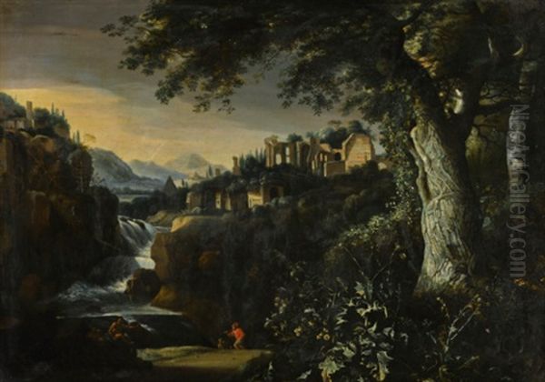 Mountainous River Landscape With Ruined Buildings And A Forest Floor - view 1