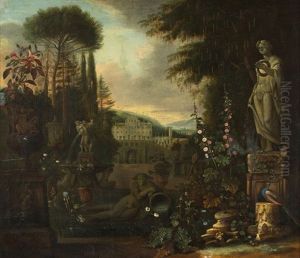 Scene De Parc La Nuit Avec Statues Et Palais Aldobrandini by Matthias Withoos