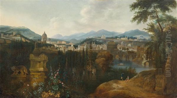 View Of Rome From The Gianicolo, With View Of Castel Sant'angelo And The Dome Of St Peter's, With A Forest Still Life In The Foreground - view 1