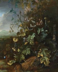 Waldstillleben Mit Schmetterlingen Und Echsen by Matthias Withoos
