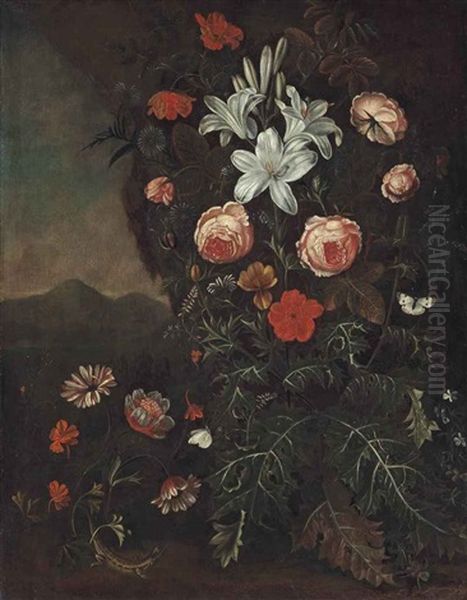 Lillies, Roses And Other Flowers In A Landscape With A Butterfly And A Lizard - view 1