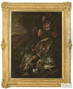 Waldbodenstilleben Mit Kroten, Schmetterlingen, Wildem Spinat Und Blumen, Links Blick In Eine Landschaft by Matthias Withoos