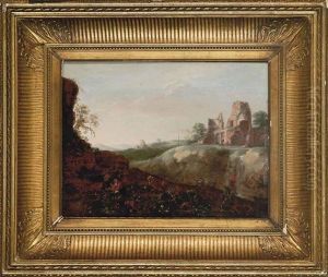 Peasants Gardening In An Extensive Landscape With A Waterfall, Ruins Beyond by Matthias Withoos