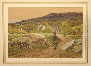 Young Girl And Child On A Country Lane by John Bromley