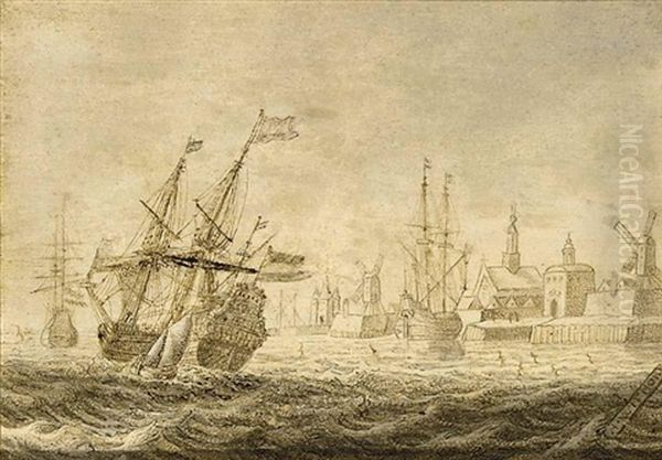A Man-of-war And Other Shipping In Front Of A Dutch Town - view 1