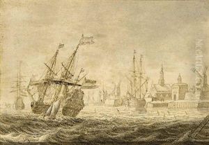 A Man-of-war And Other Shipping In Front Of A Dutch Town