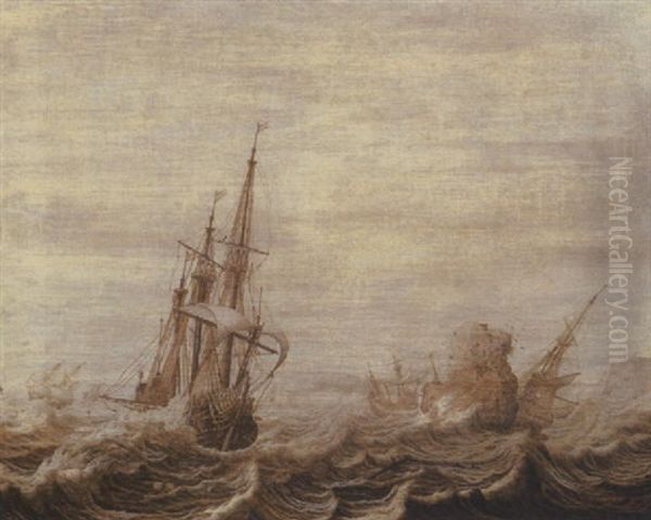 A Penschilderij: Three Masters Off A Rocky Coast In Choppy Waters - view 1