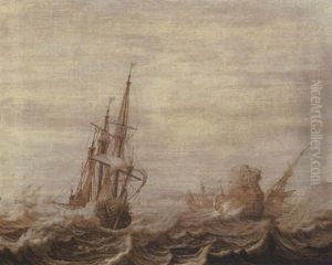 A Penschilderij: Three Masters Off A Rocky Coast In Choppy Waters by Heerman Witmont