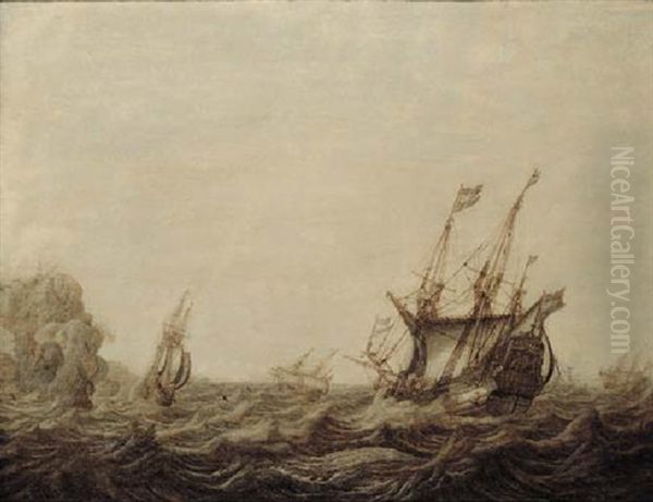 A Penschilderij: Threemasters Off A Rocky Coast In A Stiff Breeze - view 1