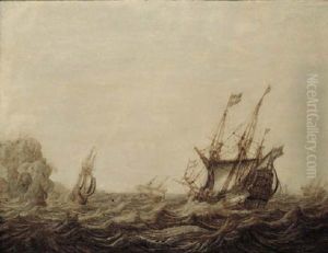 A Penschilderij: Threemasters Off A Rocky Coast In A Stiff Breeze by Heerman Witmont