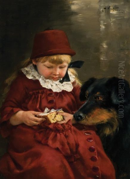 Little Girl Sharing Cake With Her Dog - view 1