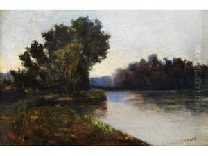 Flusslandschaft Mit Baumen Am Ufer Vor Wolkenhimmel by John Harrison Witt