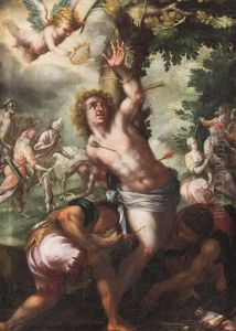 Kronung Des Hl. Sebastian In Landschaft Mit Zahlreichen Personen by Peter de Witte the Elder
