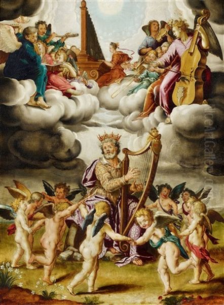 King David With Harp And Music Playing Angels - view 1