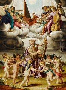 King David With Harp And Music Playing Angels by Peter de Witte the Elder