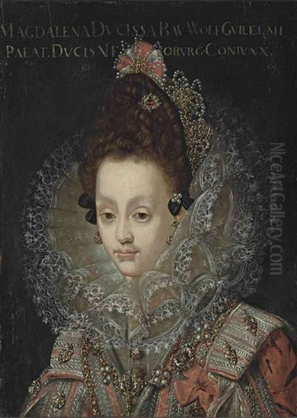 Portrait Of Magdalena, Countess Palatine Of Neuburg And Dutchess Of Julich-berg (1587-1628), Half-length, In A Red Bejewelled Dres... - view 1