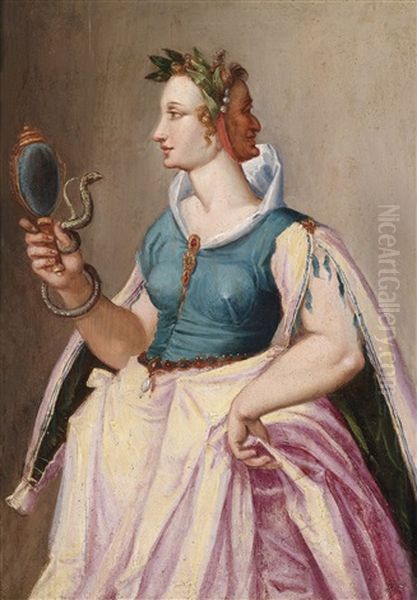 Allegorie Der Eitelkeit. Eine Januskopfige Frau Mit Einem Spiegel, Um Den Sich Eine Schlange Windet - view 1
