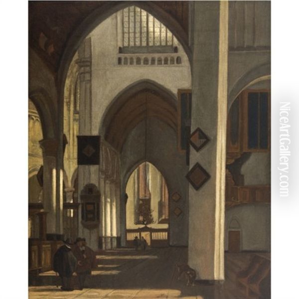Male Figures And A Dog In A Side Aisle Of A Protestant Gothic Church - view 1