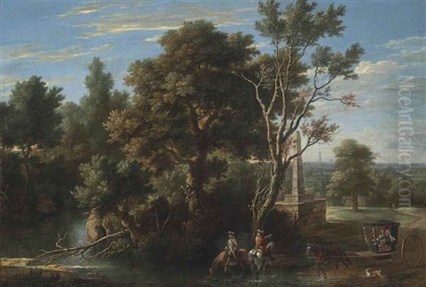 A Wooded River Landscape With Travellers Watering Their Horses - view 1