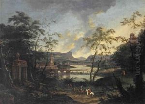 An Italianate River Landscape With Two Equestrian Figures, Peasants And Dogs On A Wooded Path, A Town Beyond by Gaspar de Witte