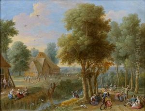 Paysage Anime De Promeneurs En Bord De Riviere by Gaspar de Witte