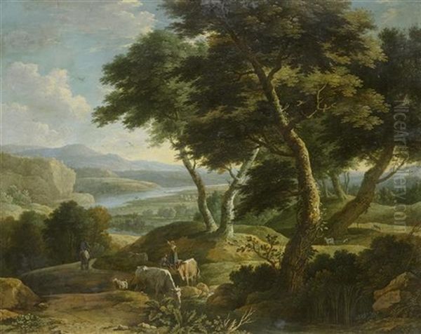 Schaferpaar Mit Herde Vor Einer Weiten Landschaft - view 1