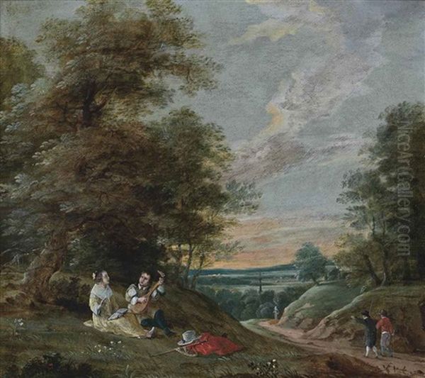 A Wooded Landscape With An Amorous Couple And Travellers On A Track - view 1