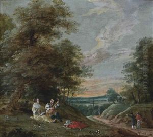A Wooded Landscape With An Amorous Couple And Travellers On A Track
