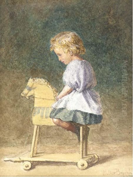 A Young Child Wearing A Striped Smock Sitting On A Woodenhorse - view 1