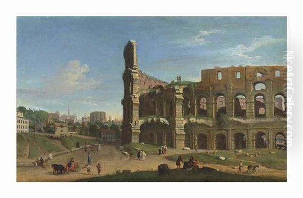 The Colosseum, Rome, From The Meta Sudans, With Figures And Horse Drawn Carriages In The Foreground - view 1