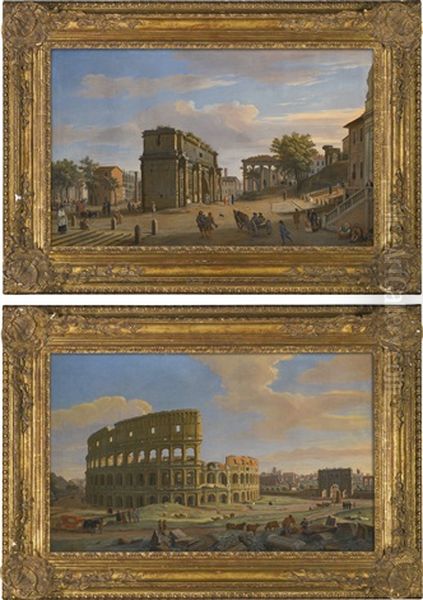 Two Views Of Rome: The Arch Of Septimius Severus With The Temple Of Saturn; And The Colosseum With The Arch Of Constantine - view 1