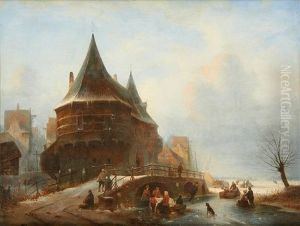 Patineurs Devant La Ville Fortifiee by Alexander Joseph Wittevronghel