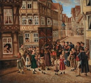 Moritatensanger Mit Drehleiher In Einer Gasse Mit Fachwerkhausern In Der Mundener Innenstadt