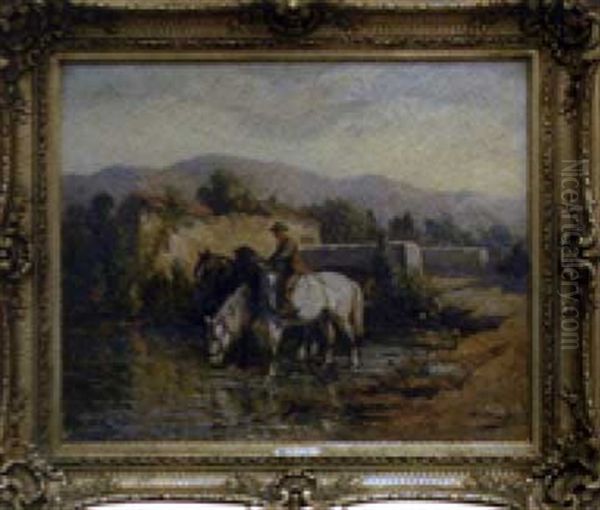 Cavalier Et Chevaux S'abreuvant - view 1