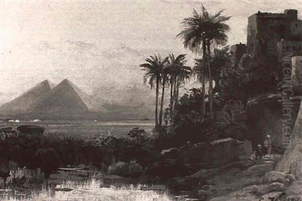Figures By A Pool With Pyramids In The Distance - view 1