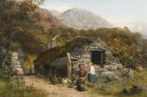 Figures And Chickens Before A Stone Cottage - view 1